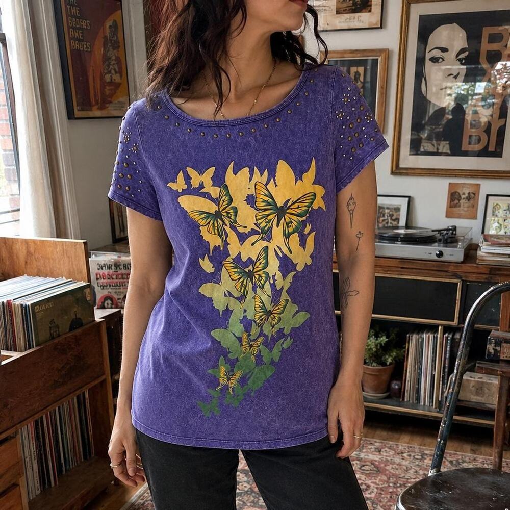 Y2K Suzie Purple Butterfly Studded Graphic Tee XL